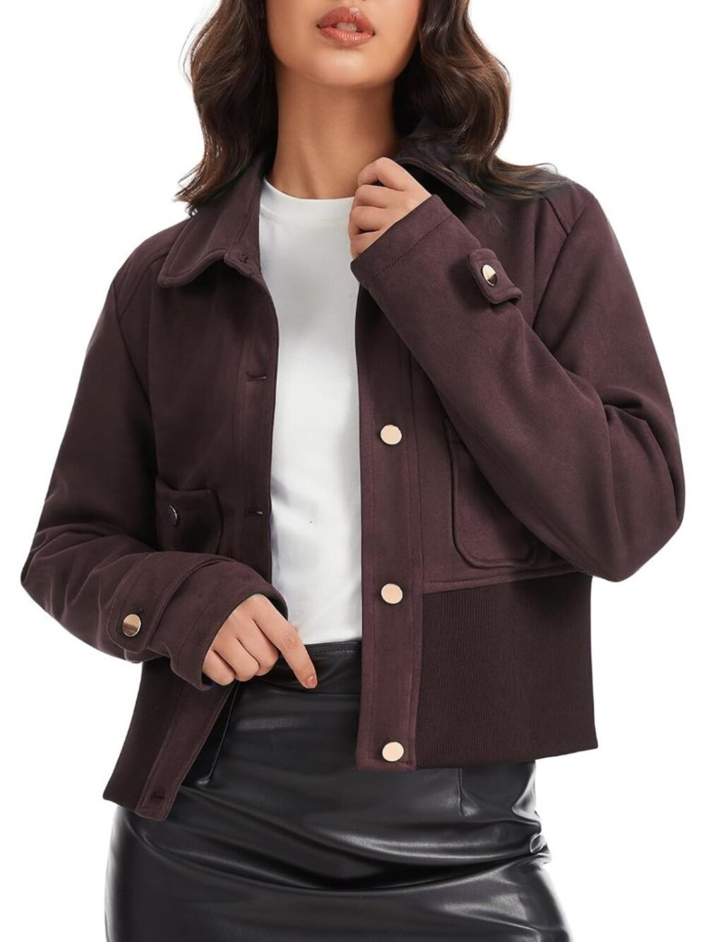 Women’s Coffee Faux Suede Button Down Pocket Lightweight Coat Cropped Jacket
